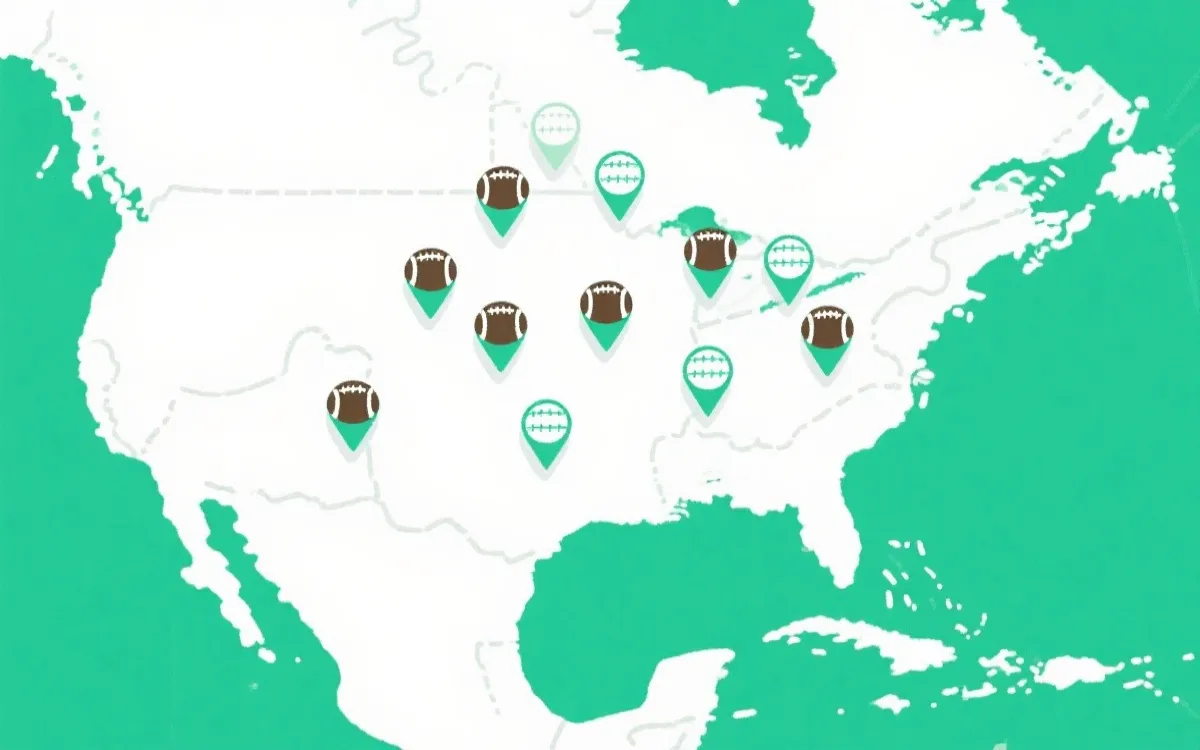 2026世界盃主辦城市分佈示意圖（美國、加拿大、墨西哥）