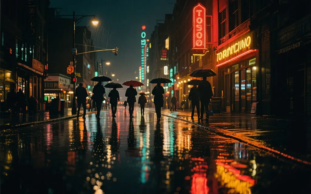 多伦多雨后夜色街景与霓虹反射，适合球迷赛后散步与夜生活