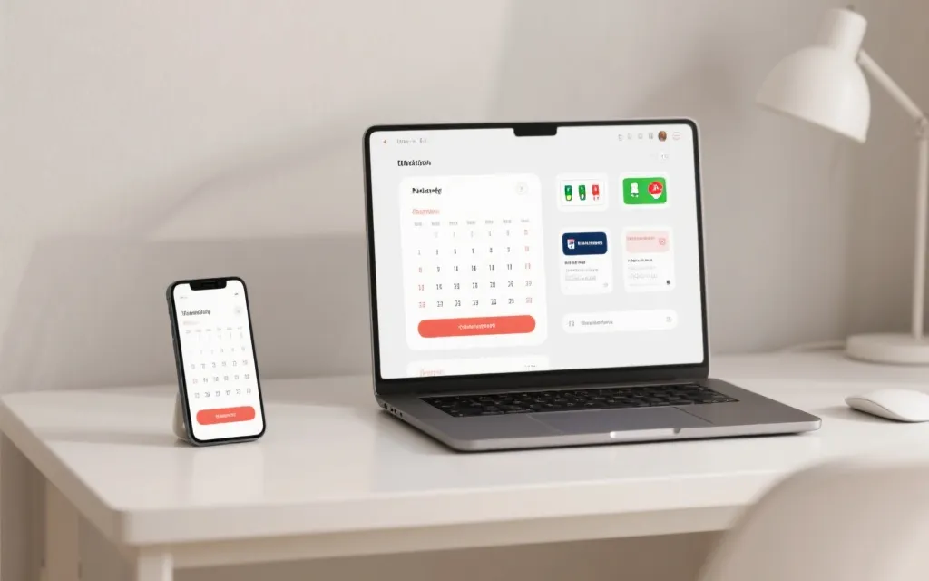 手机与电脑屏幕显示赛事日历与提醒设置，干净现代的界面风格